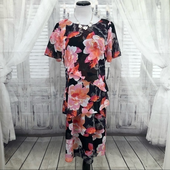 Ignite Evenings Size 10 Black Pink Floral Short Sleeve Flutter Layered Dress - Picture 1 of 9